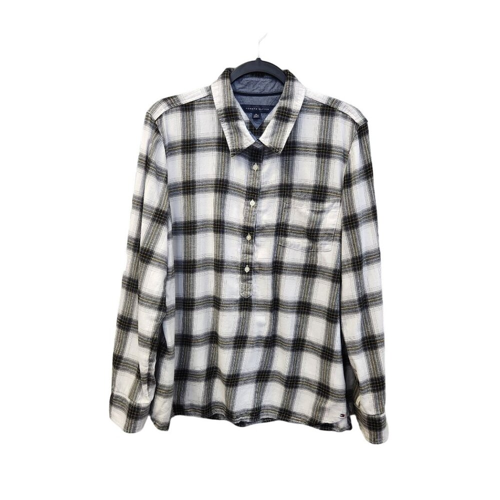 Tommy Hilfiger Women's XL Roll-Tab Sleeve 3/4 Button Plaid Pullover Top 2249